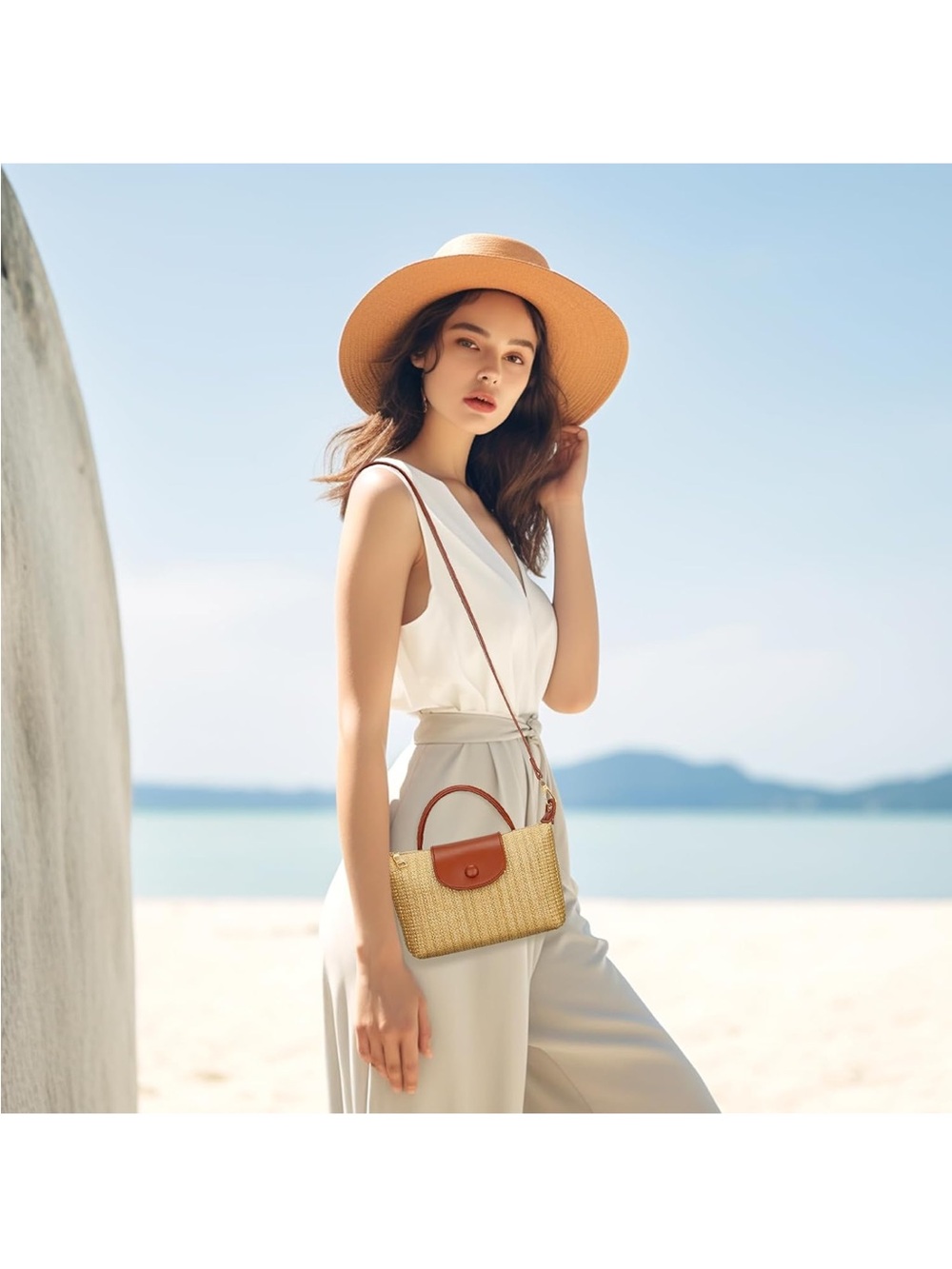 NWT Woven Straw Crossbody Tote with Cognac Brown Trim - Picture 7 of 7